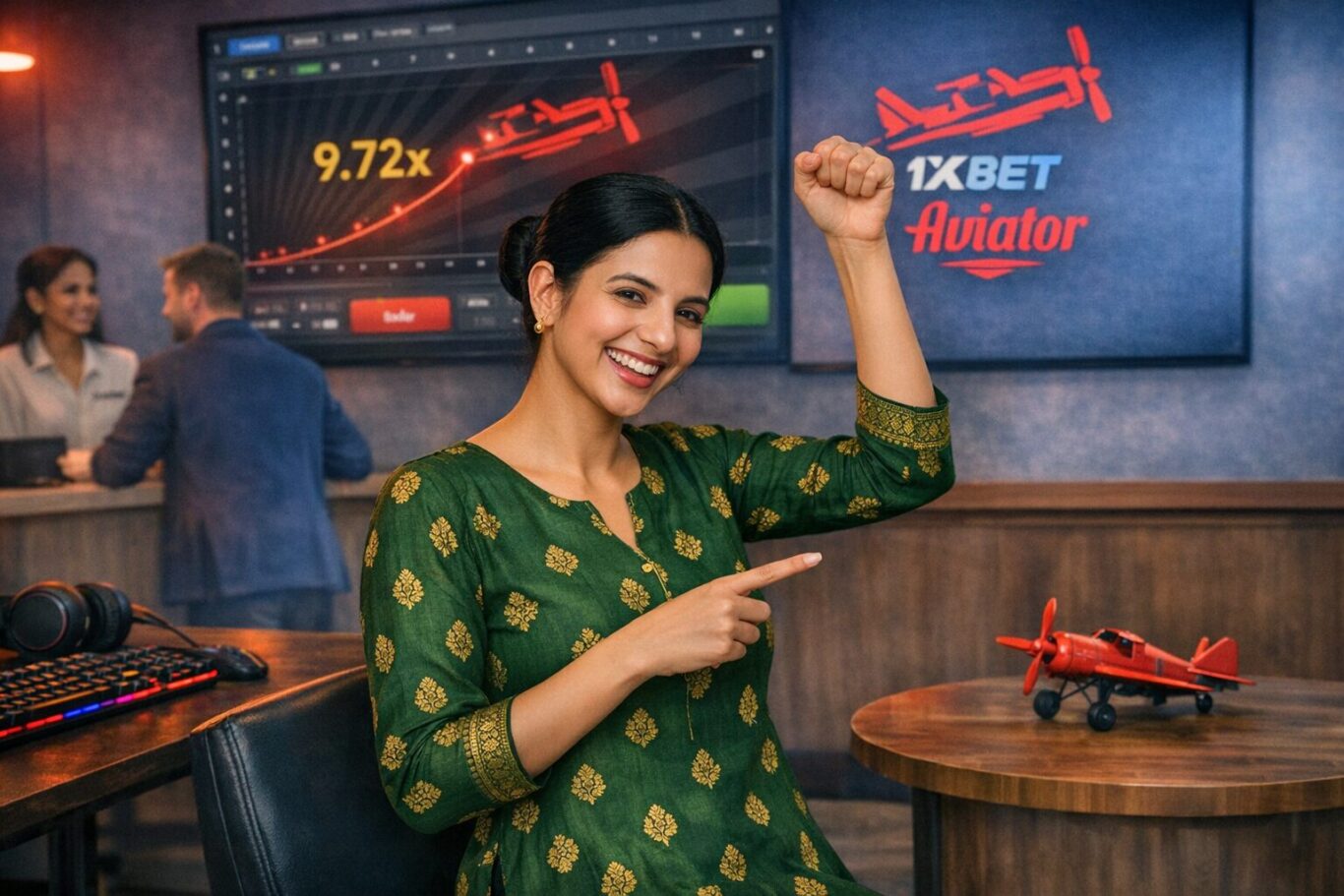 Woman pointing at a red plane graphic on the 1xBet Aviator screen in a gaming setup