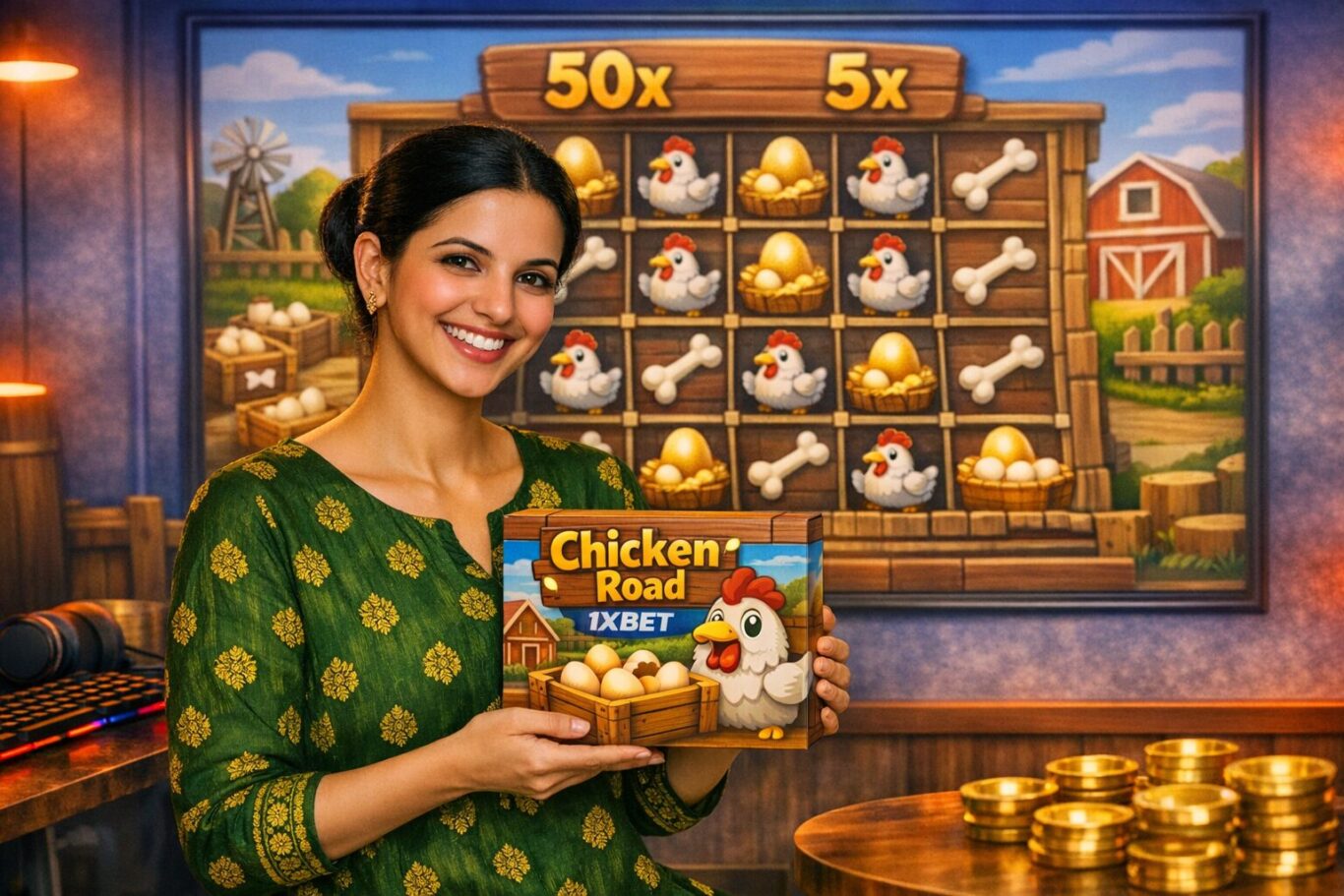 Woman holding a 1xBet Chicken Road game box in front of a farm‑themed slot interface