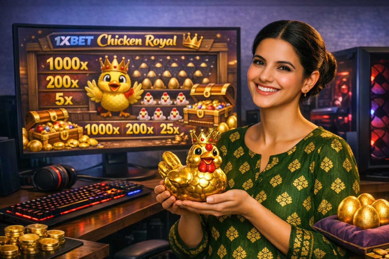 Woman holding a golden chicken figurine in front of the 1xBet Chicken Royal game screen