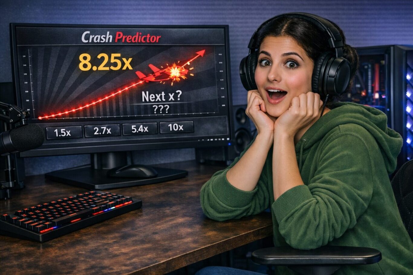 User reacting to the 1xBet Crash Predictor interface on a computer screen in a gaming setup