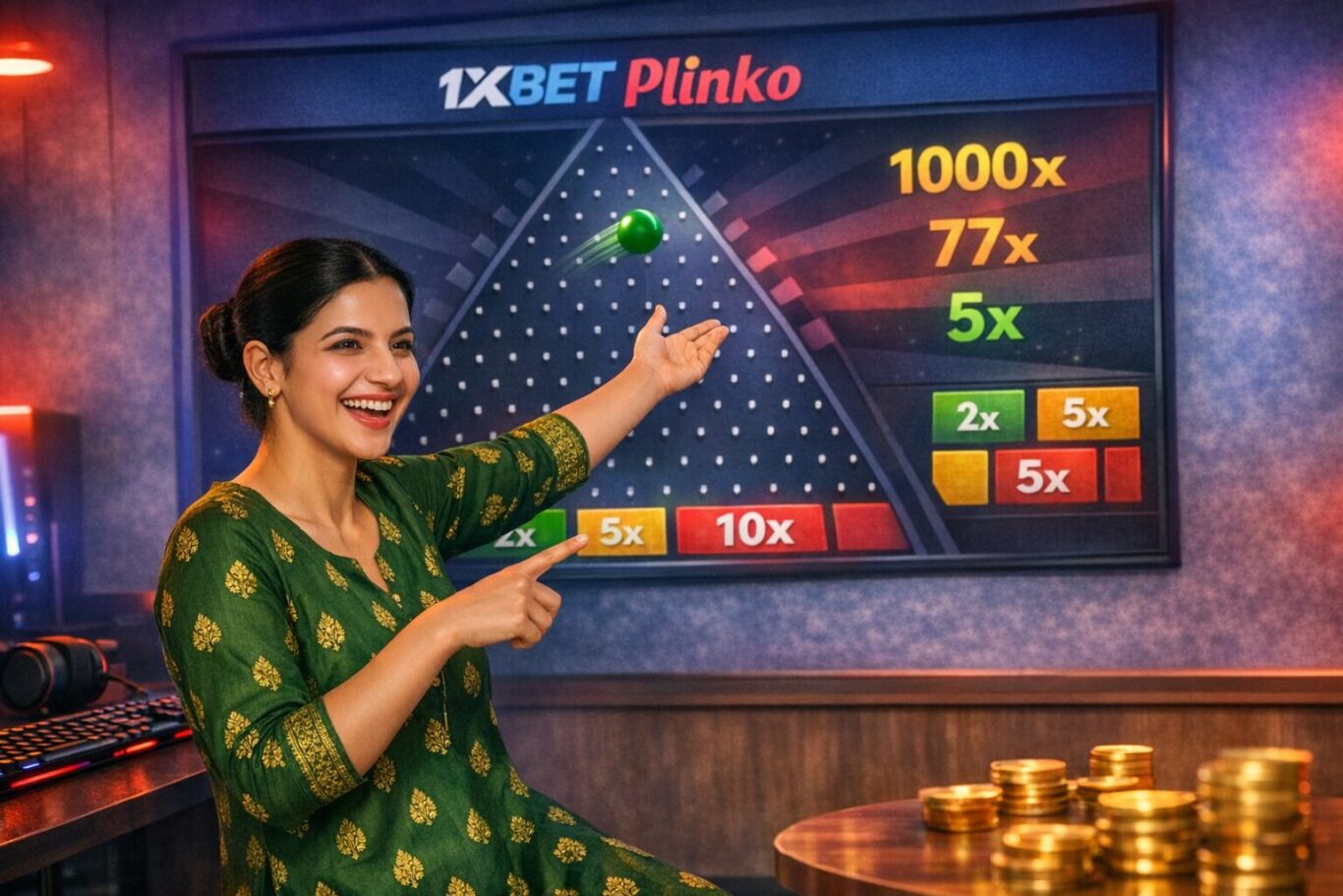 Woman pointing at the 1xBet Plinko game screen with multipliers in a gaming setup