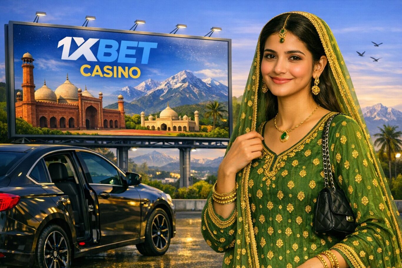 Woman standing near a car with a 1xBet Pakistan casino billboard in the background