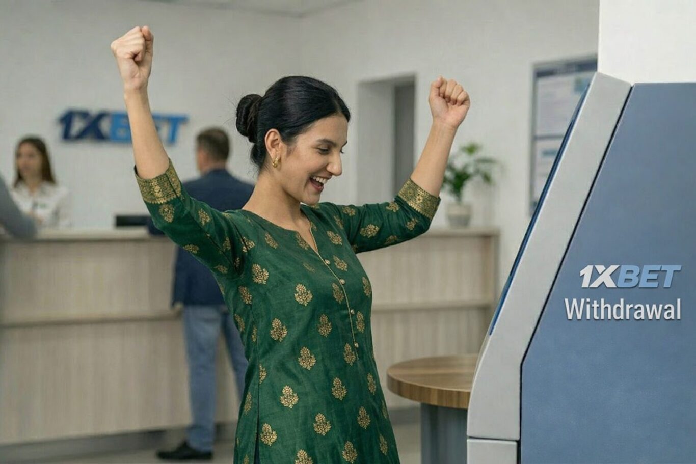 Woman celebrating while using a 1xBet Withdrawal machine in a service center