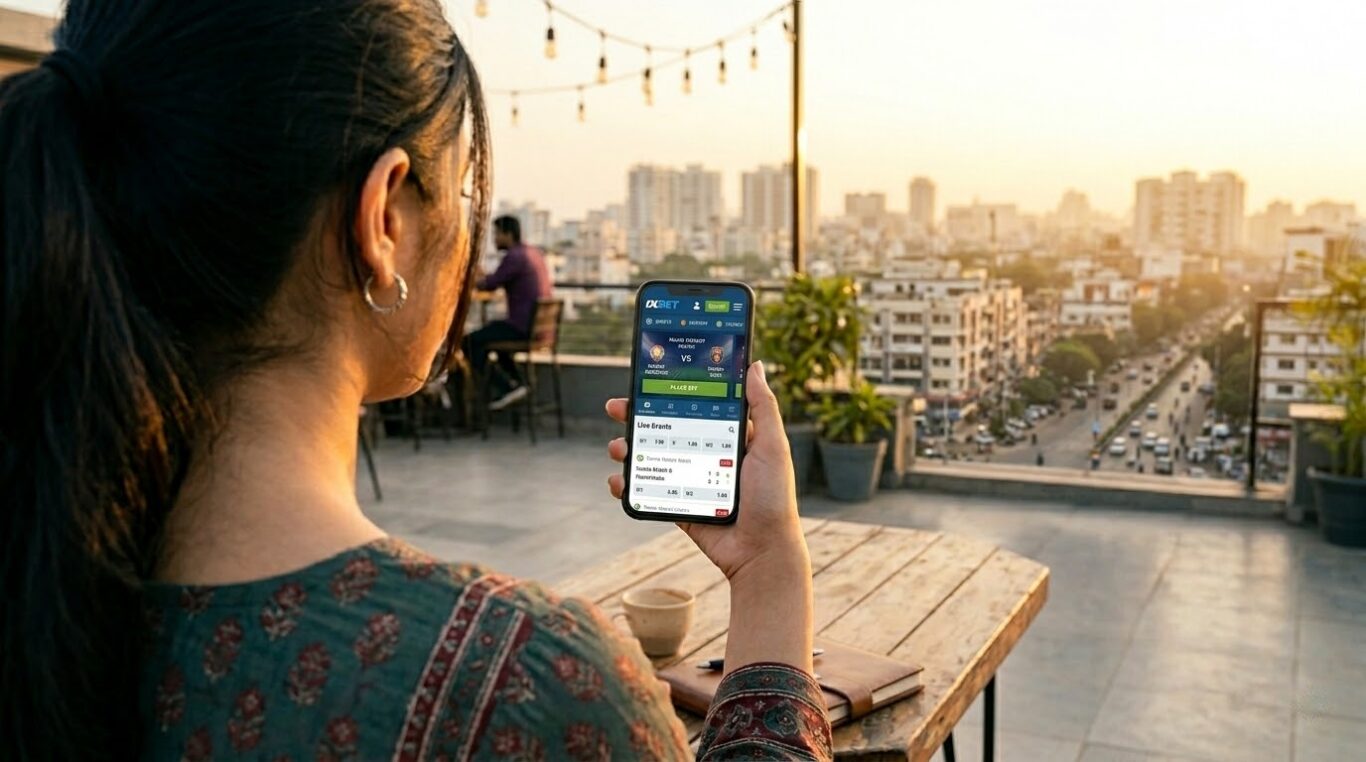 User holding a smartphone with the 1xBet APP open while sitting at a rooftop café overlooking the city