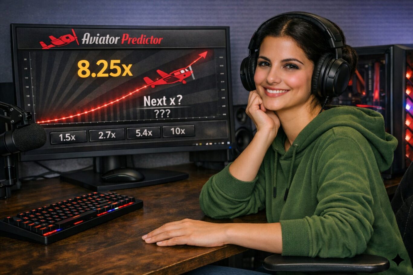 User sitting at a computer using the 1xBet Aviator Predictor interface on the monitor