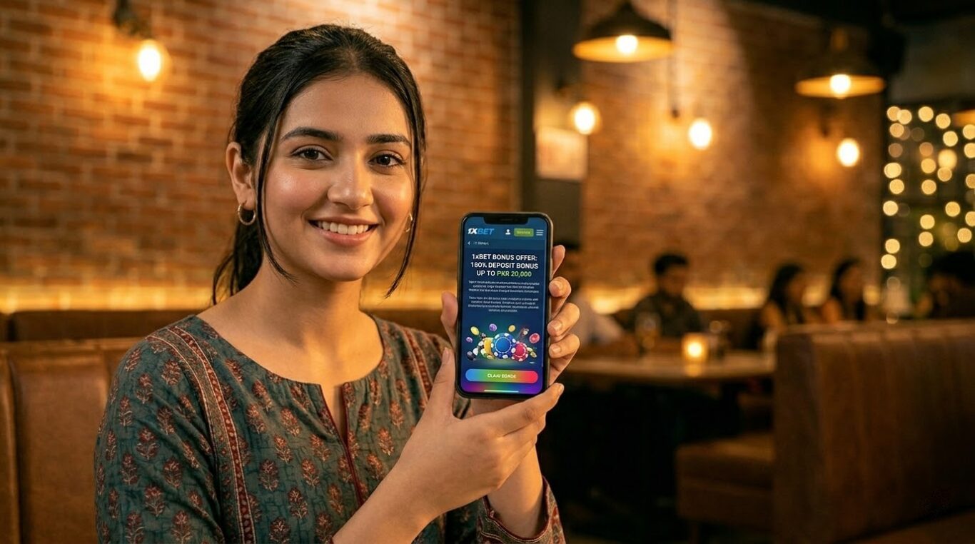 User holding a smartphone displaying a 1xBet Bonus offer in a café setting