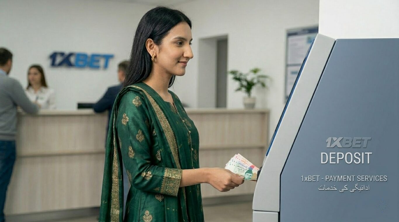 Woman making a 1xBet Deposit at a branded payment kiosk
