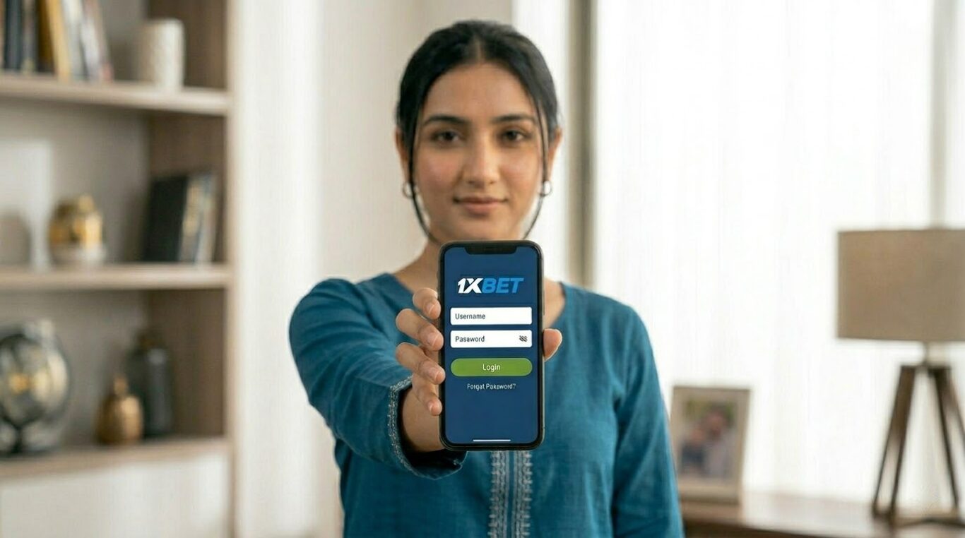 User holding a smartphone showing the 1xBet Login screen in a home setting