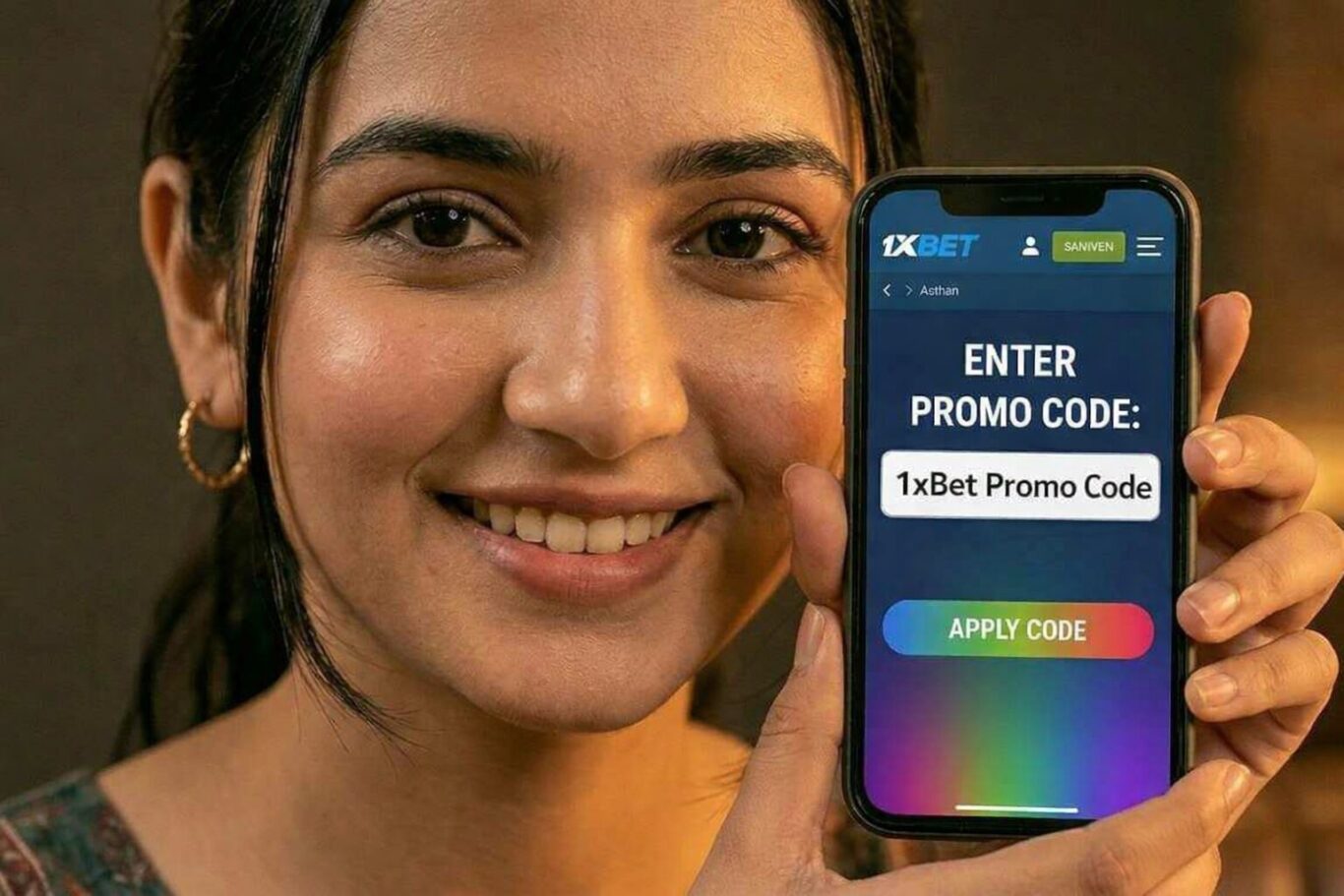 User holding a smartphone showing the 1xBet Promo Code entry screen