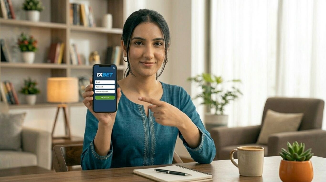 User holding a smartphone showing the 1xBet Registration screen in a cozy home office